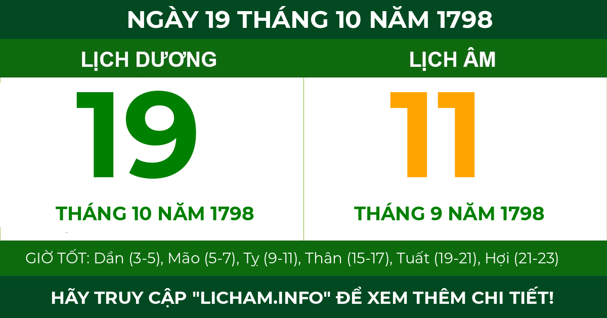 lịch âm ngày 19 tháng 10 năm 1798