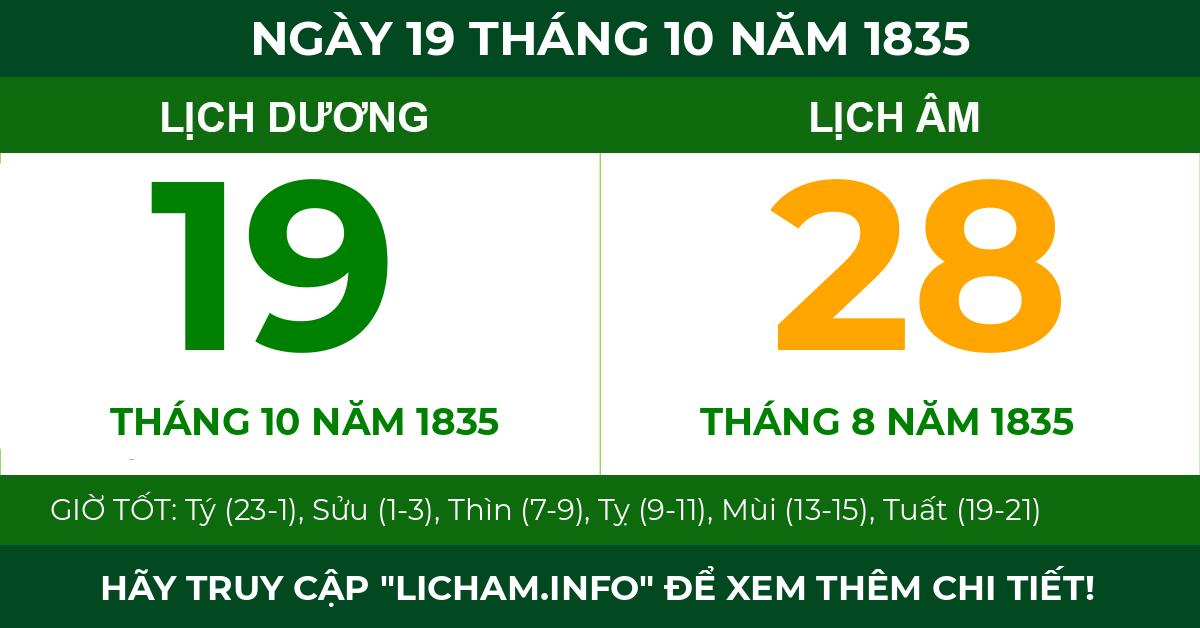 lịch âm ngày 19 tháng 10 năm 1835