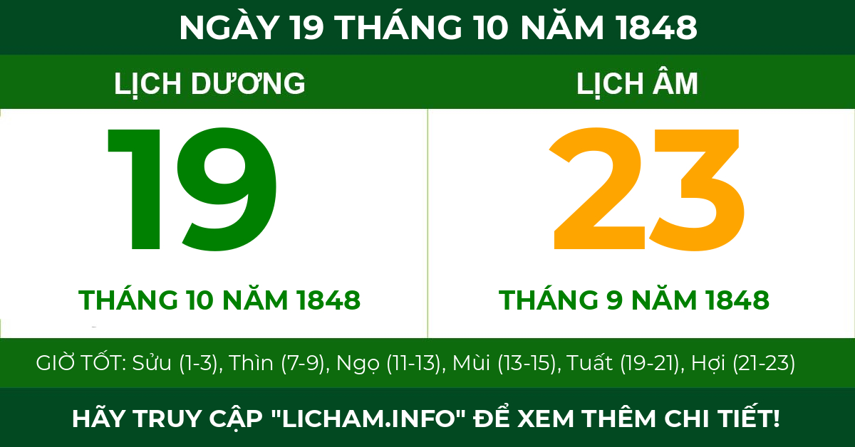 lịch âm ngày 19 tháng 10 năm 1848