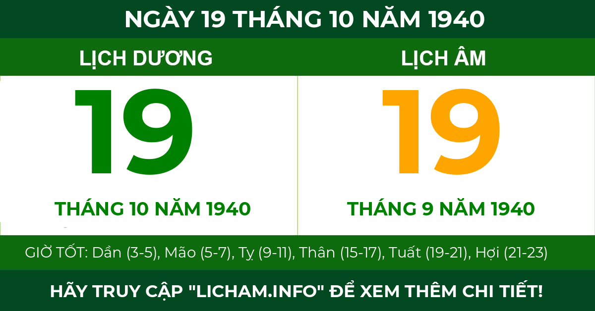 lịch âm ngày 19 tháng 10 năm 1940