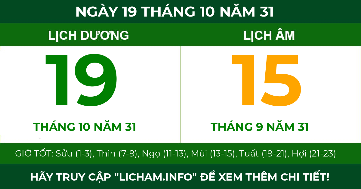 lịch âm ngày 19 tháng 10 năm 31