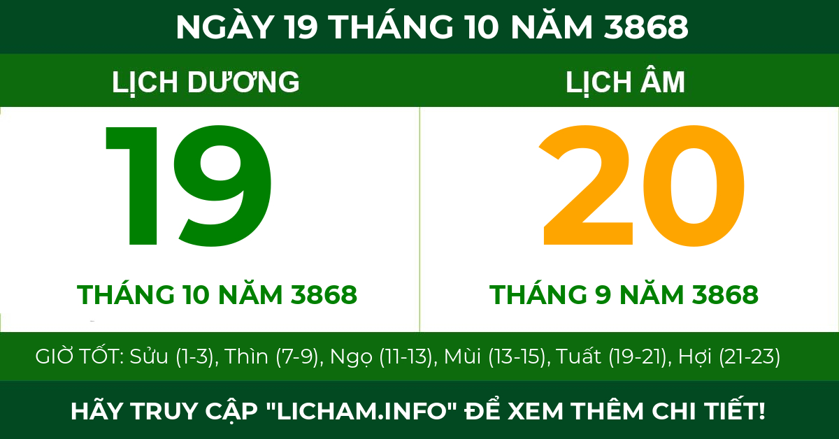 lịch âm ngày 19 tháng 10 năm 3868