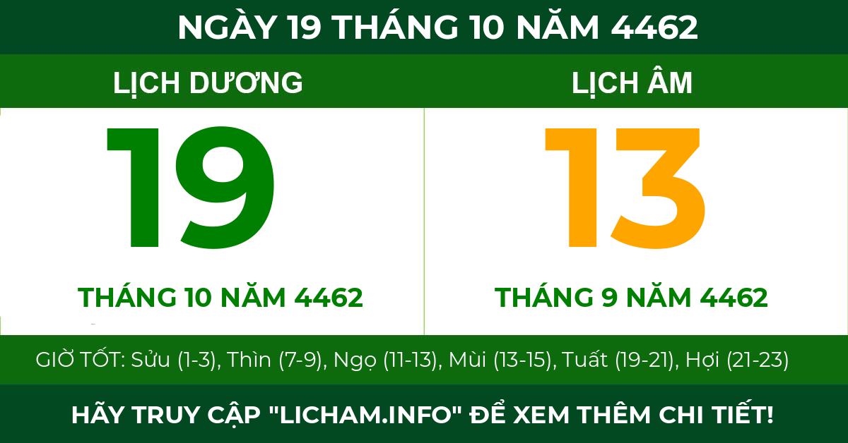 lịch âm ngày 19 tháng 10 năm 4462
