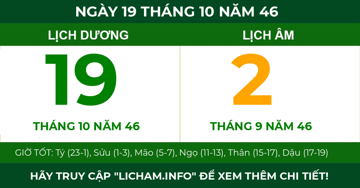 lịch âm ngày 19 tháng 10 năm 46