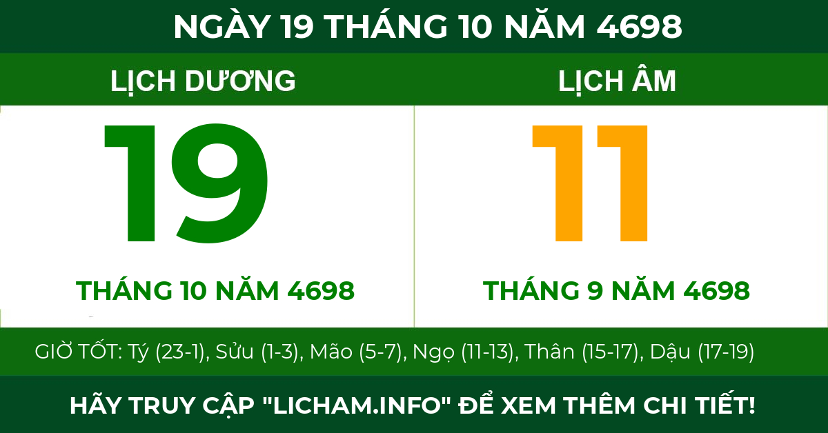 lịch âm ngày 19 tháng 10 năm 4698