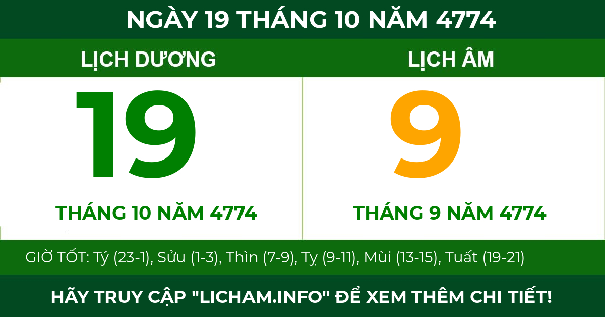 lịch âm ngày 19 tháng 10 năm 4774