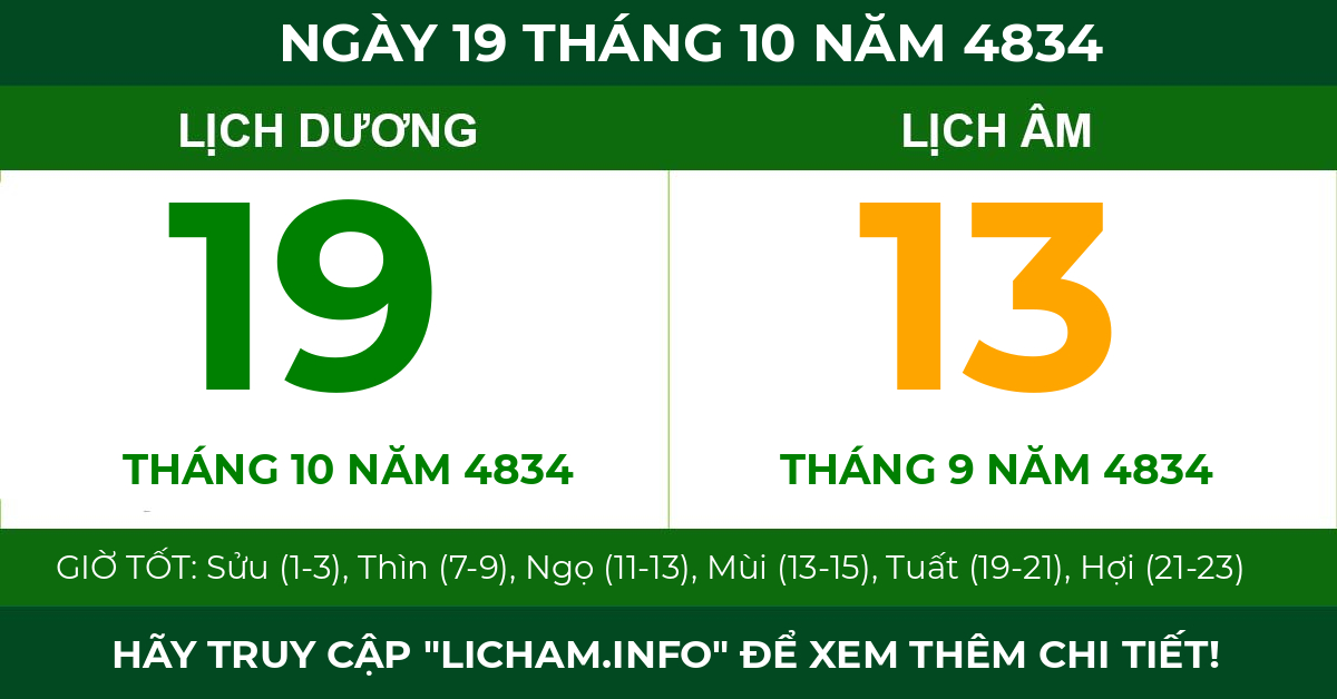 lịch âm ngày 19 tháng 10 năm 4834