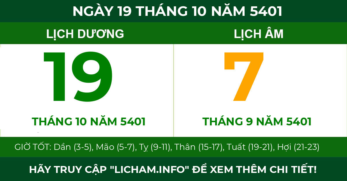 lịch âm ngày 19 tháng 10 năm 5401