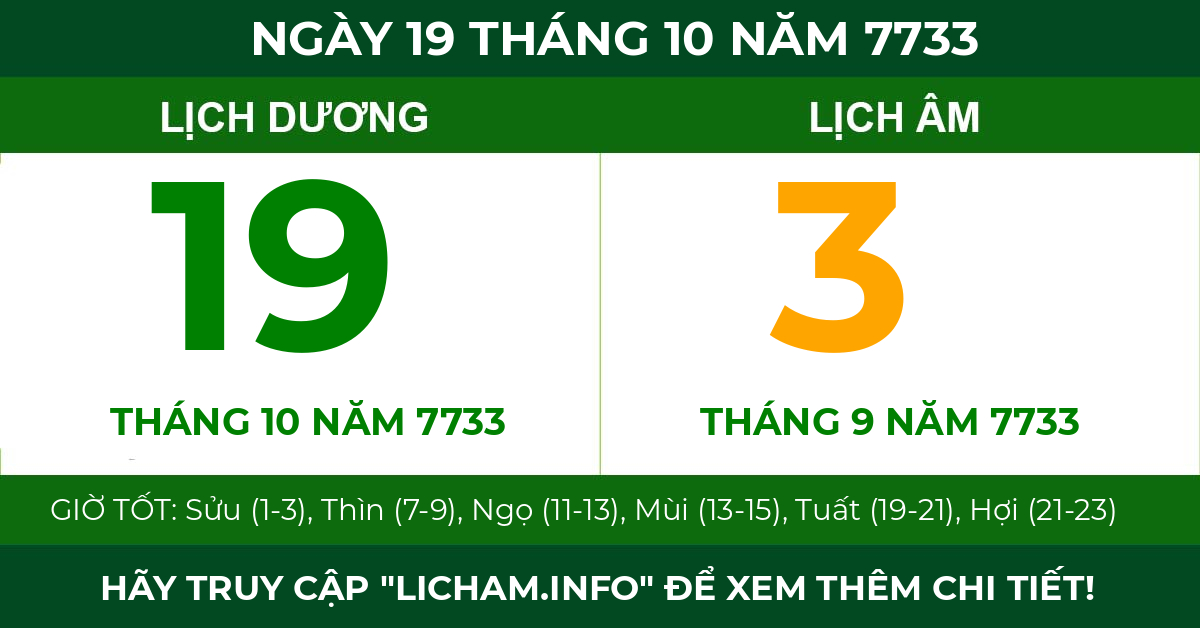 lịch âm ngày 19 tháng 10 năm 7733