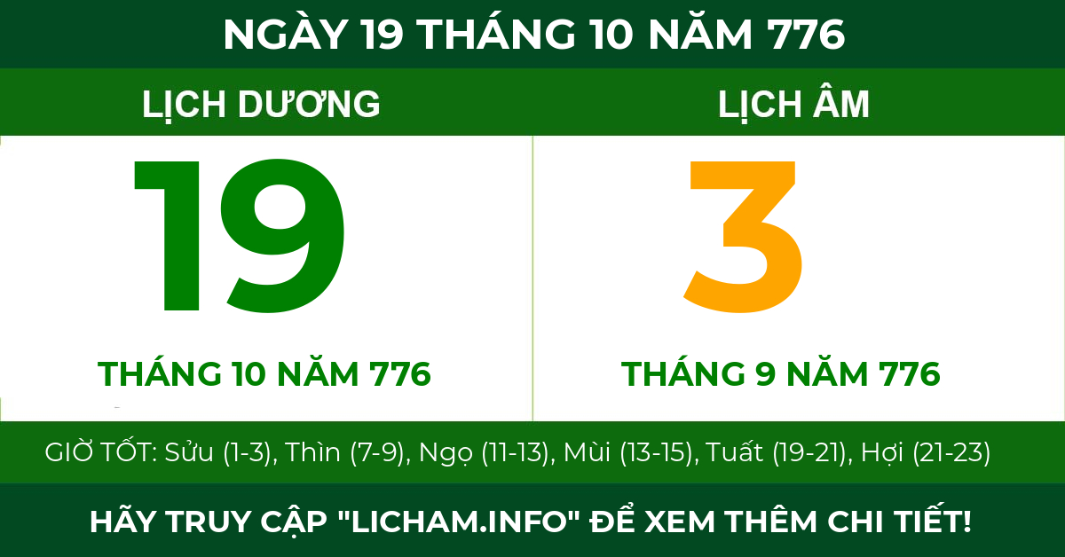lịch âm ngày 19 tháng 10 năm 776