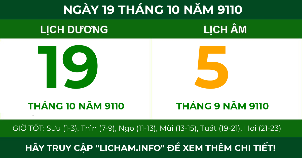 lịch âm ngày 19 tháng 10 năm 9110