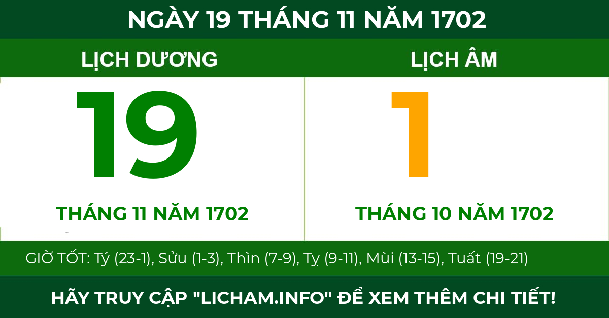 lịch âm ngày 19 tháng 11 năm 1702