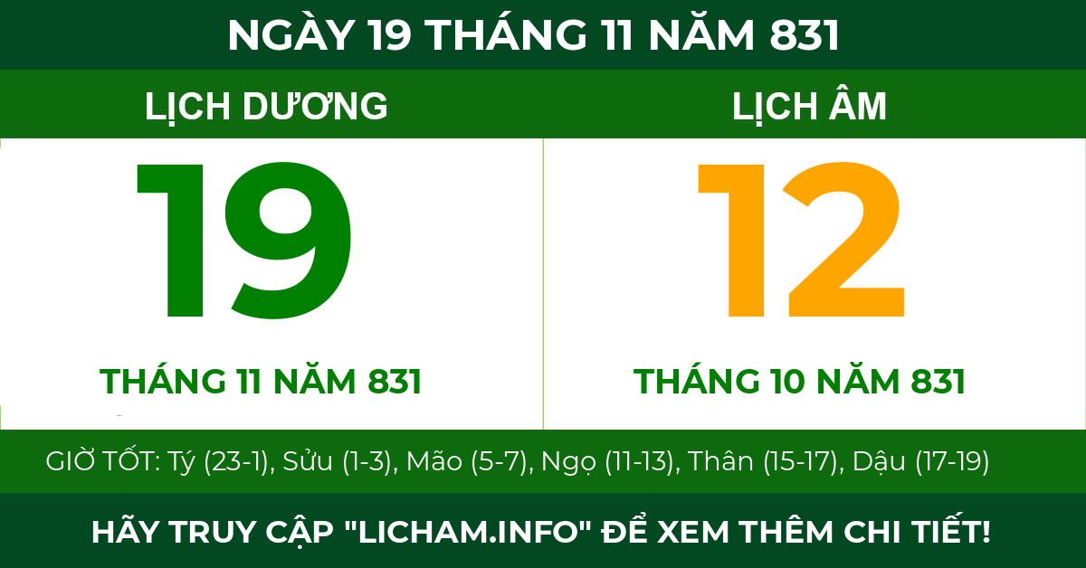lịch âm ngày 19 tháng 11 năm 831