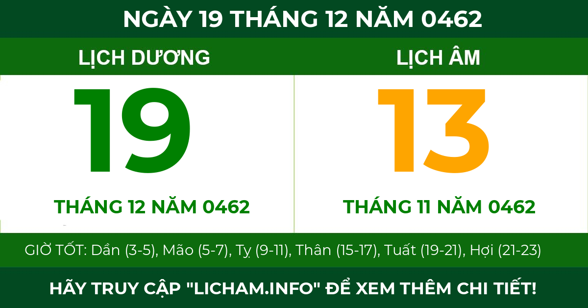 lịch âm ngày 19 tháng 12 năm 0462