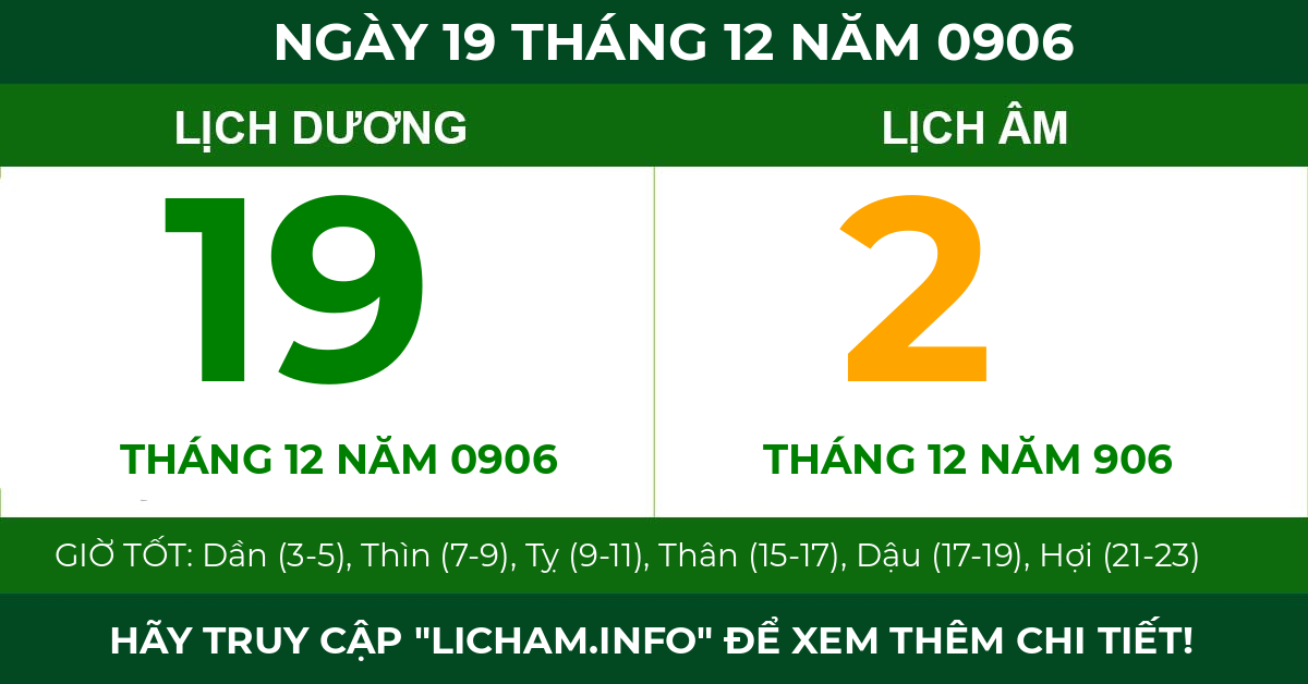 lịch âm ngày 19 tháng 12 năm 0906