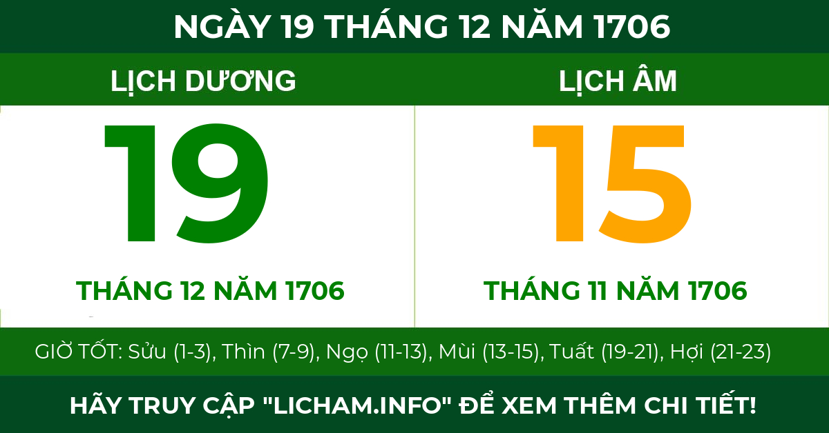 lịch âm ngày 19 tháng 12 năm 1706