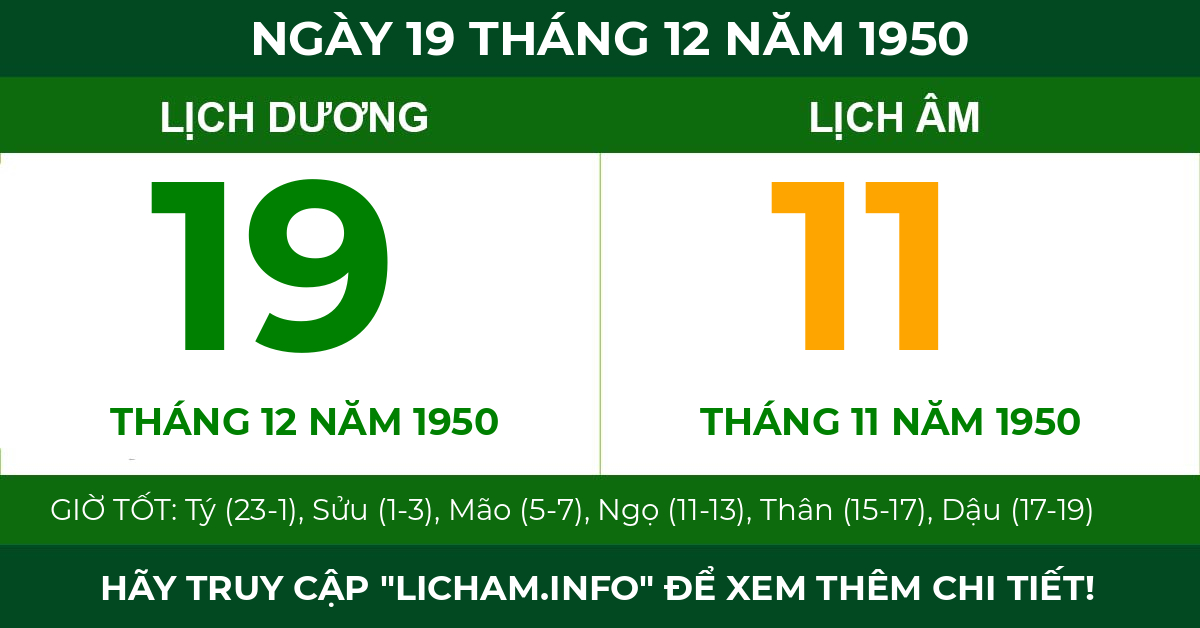 lịch âm ngày 19 tháng 12 năm 1950