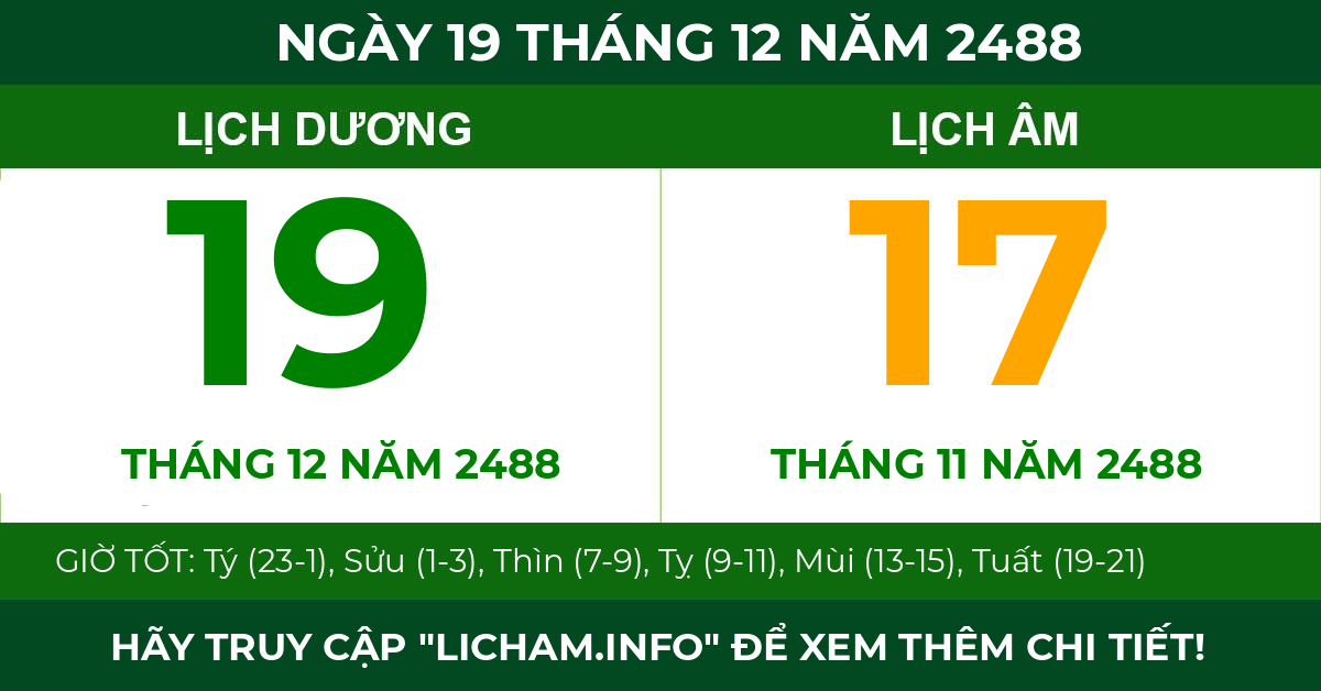 lịch âm ngày 19 tháng 12 năm 2488