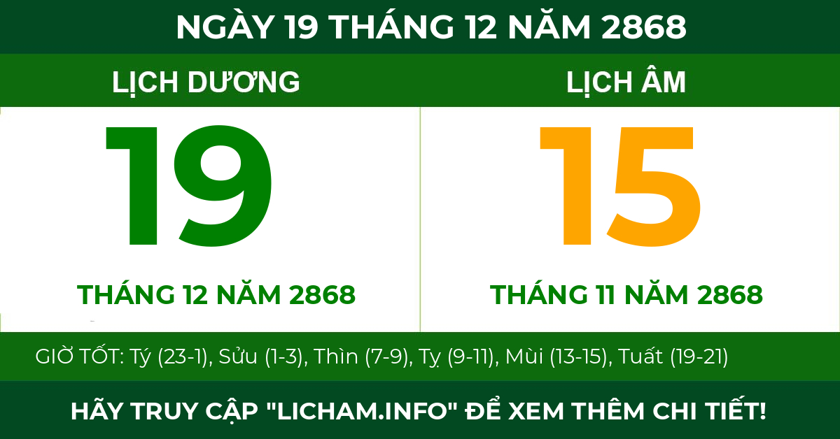 lịch âm ngày 19 tháng 12 năm 2868