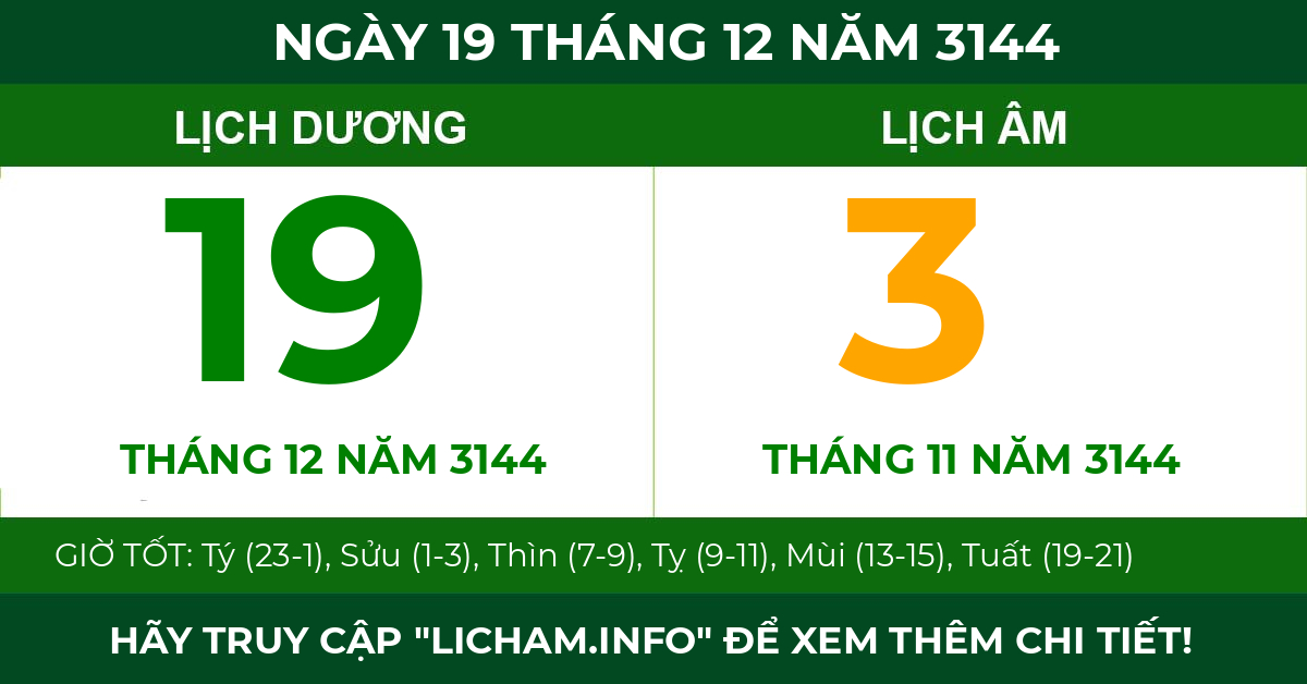 lịch âm ngày 19 tháng 12 năm 3144