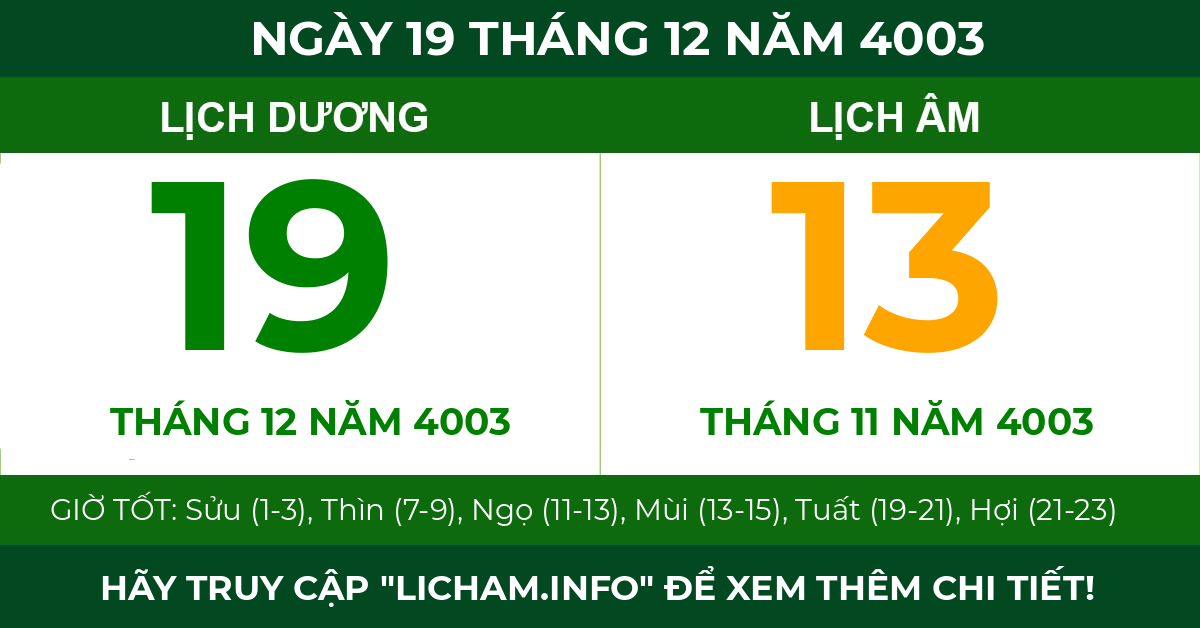 lịch âm ngày 19 tháng 12 năm 4003