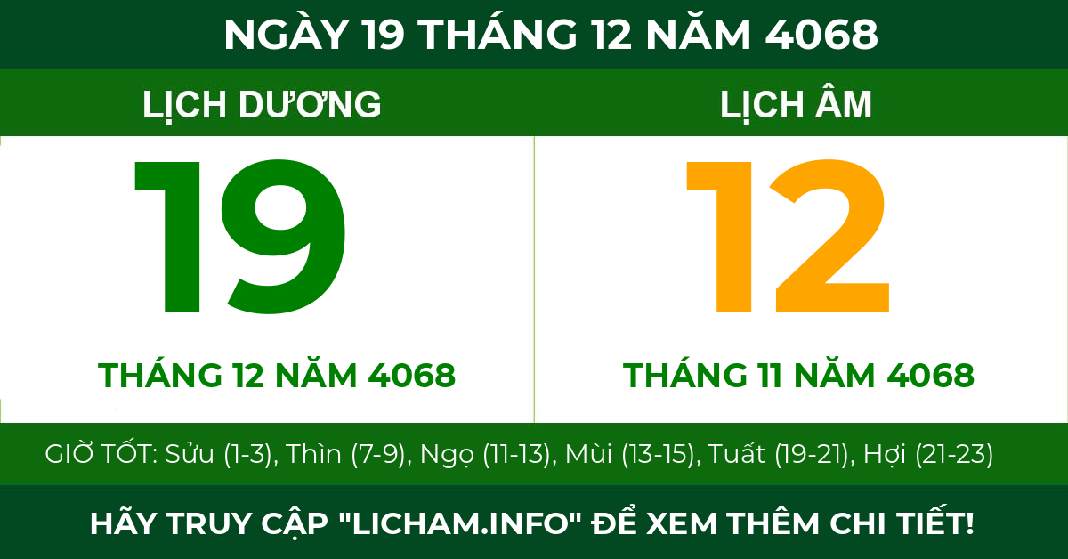 lịch âm ngày 19 tháng 12 năm 4068