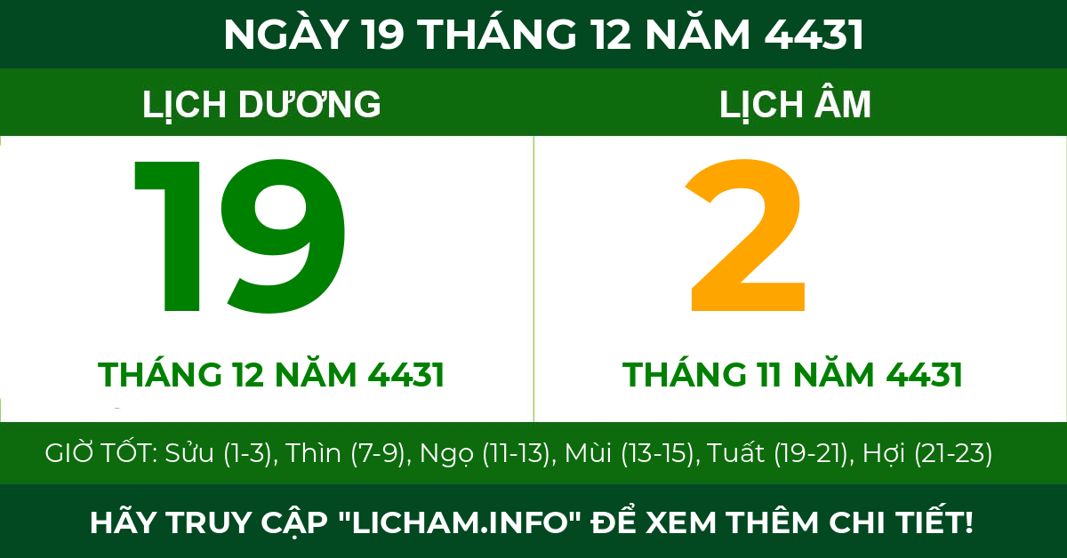 lịch âm ngày 19 tháng 12 năm 4431