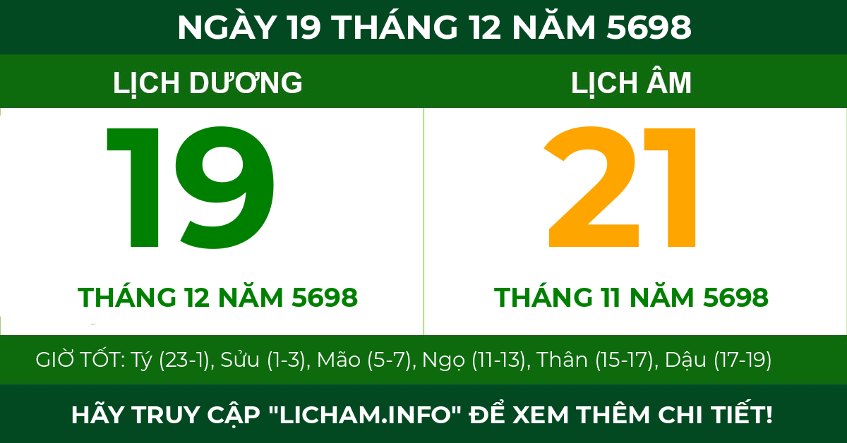 lịch âm ngày 19 tháng 12 năm 5698