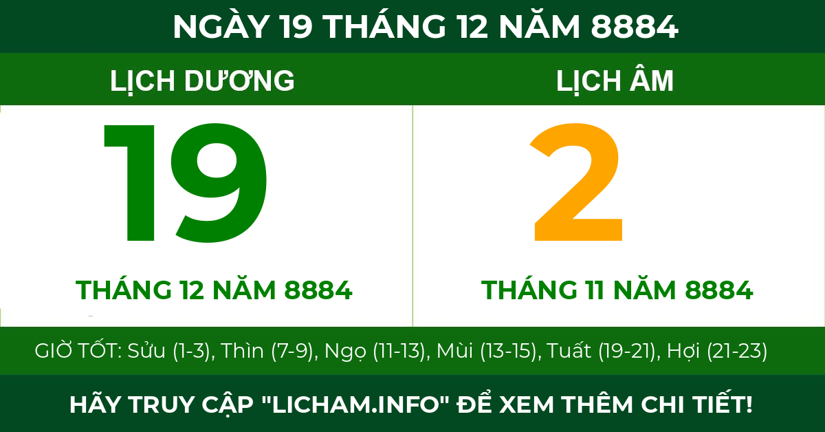 lịch âm ngày 19 tháng 12 năm 8884