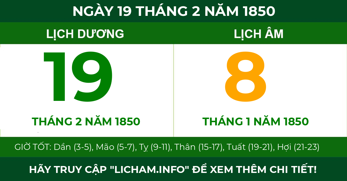 lịch âm ngày 19 tháng 2 năm 1850