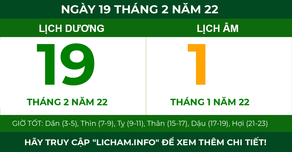lịch âm ngày 19 tháng 2 năm 22