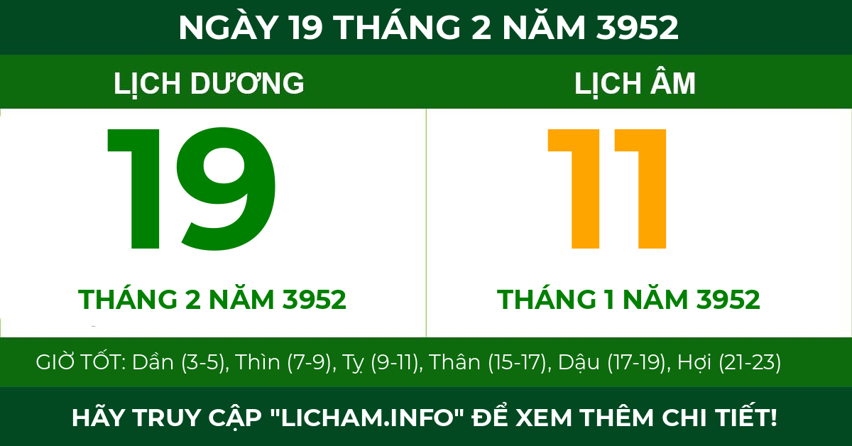 lịch âm ngày 19 tháng 2 năm 3952