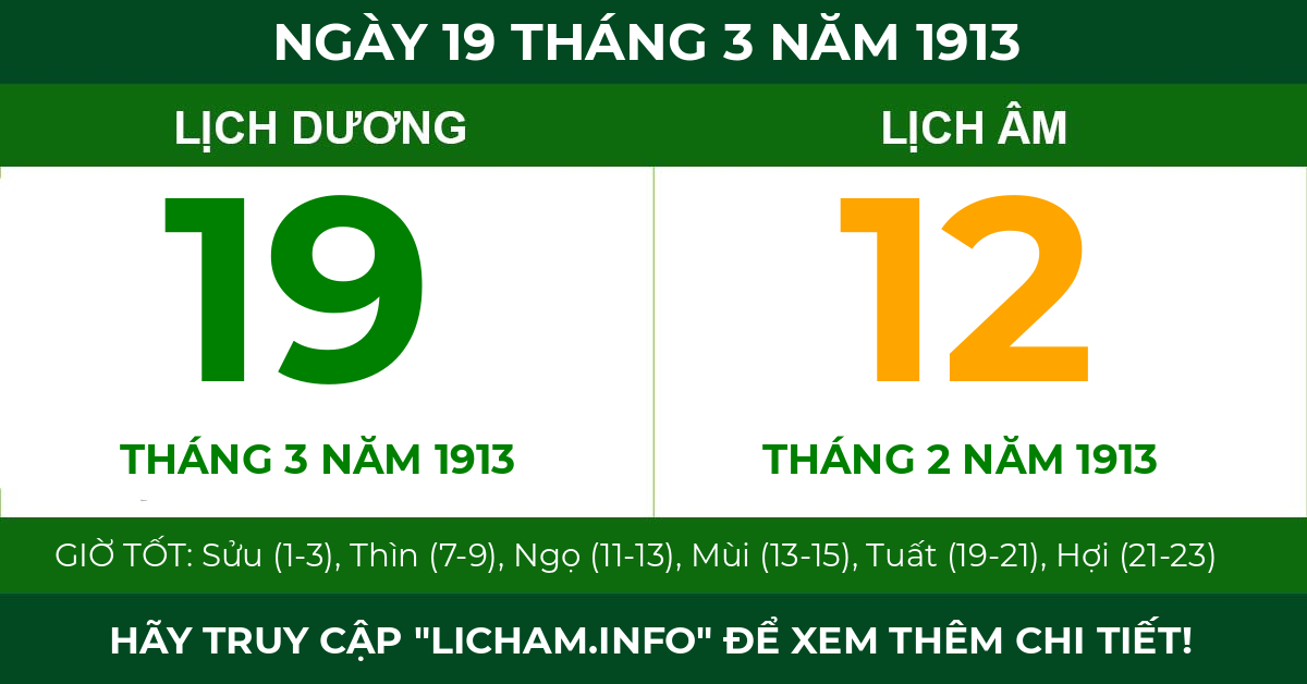 lịch âm ngày 19 tháng 3 năm 1913