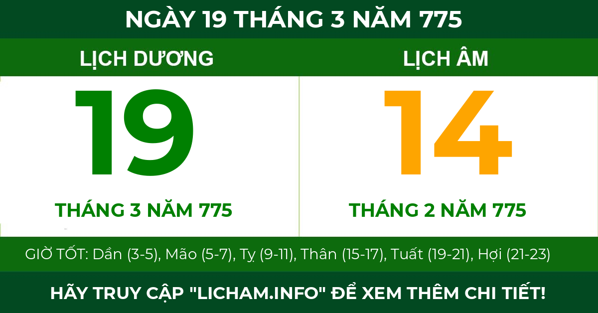 lịch âm ngày 19 tháng 3 năm 775