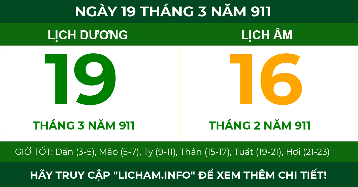 lịch âm ngày 19 tháng 3 năm 911
