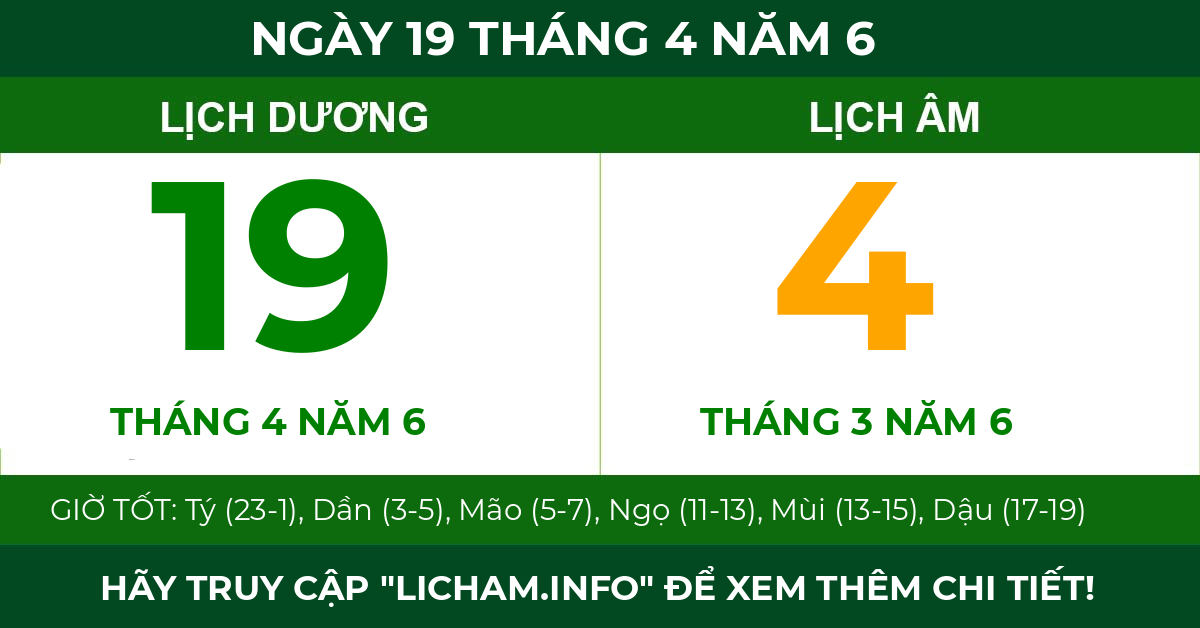 lịch âm ngày 19 tháng 4 năm 6