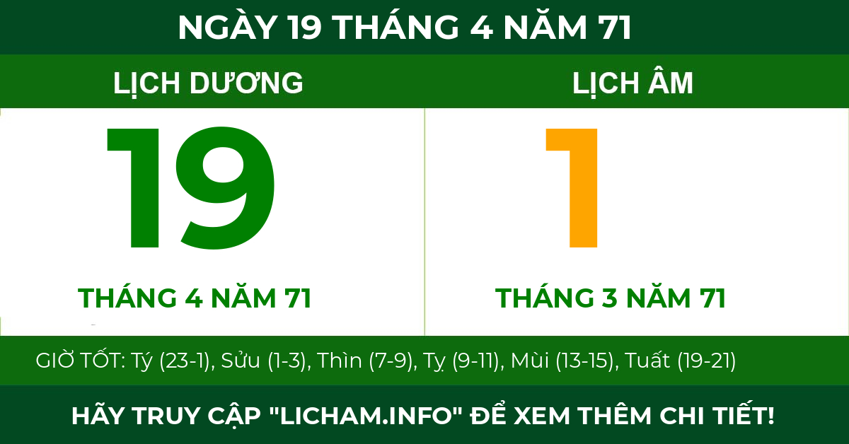 lịch âm ngày 19 tháng 4 năm 71