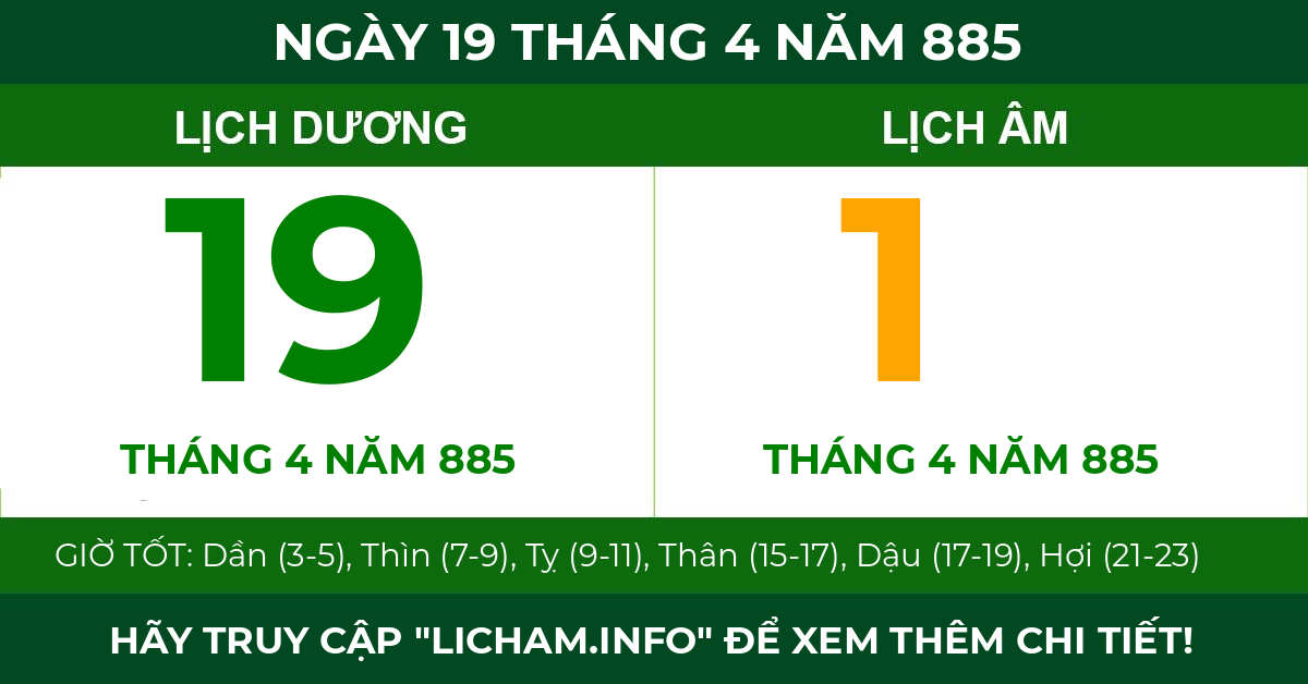 lịch âm ngày 19 tháng 4 năm 885