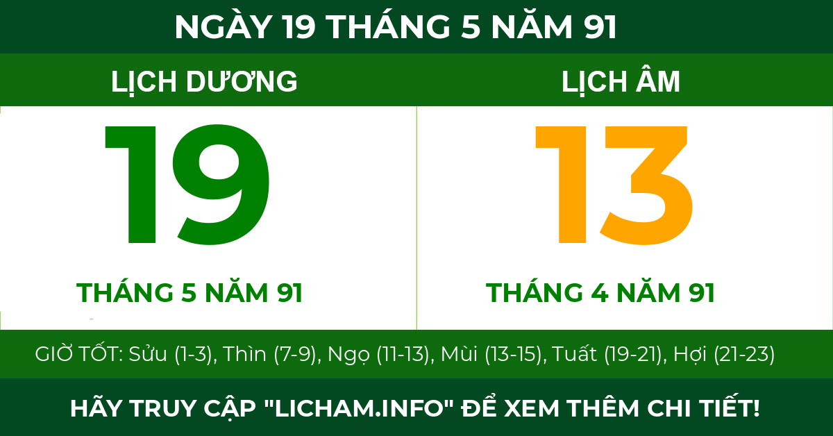 lịch âm ngày 19 tháng 5 năm 91