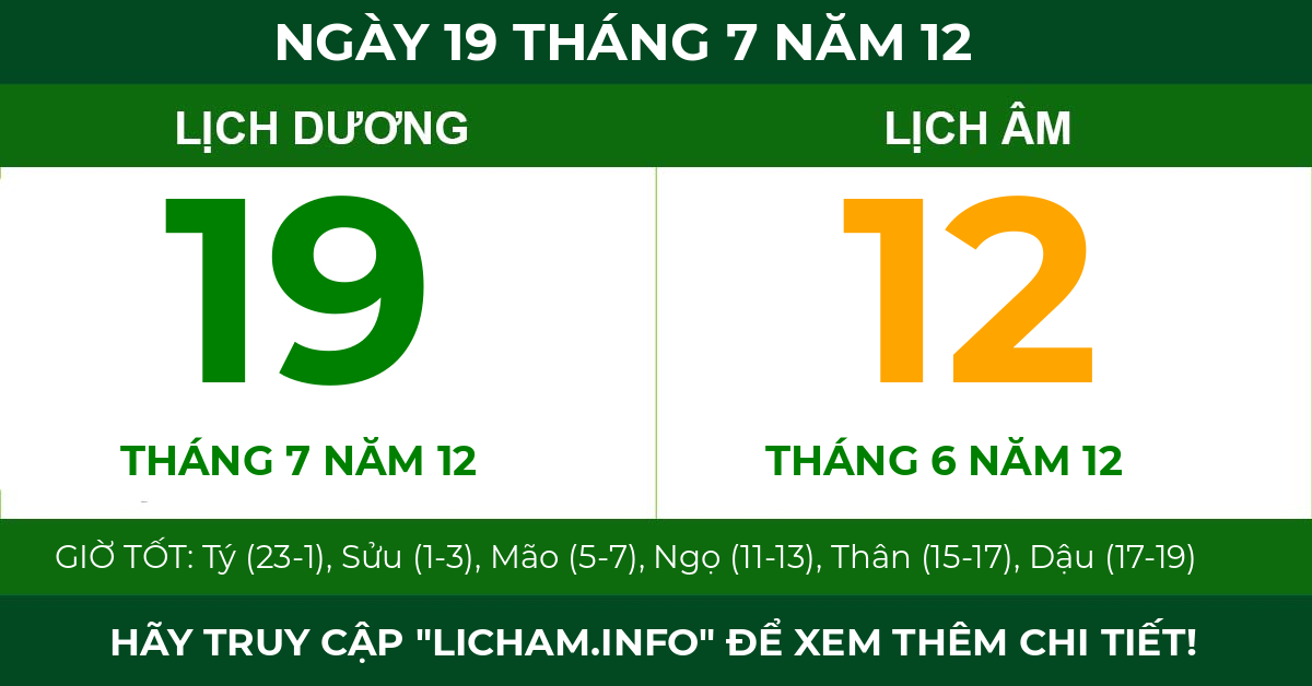 lịch âm ngày 19 tháng 7 năm 12