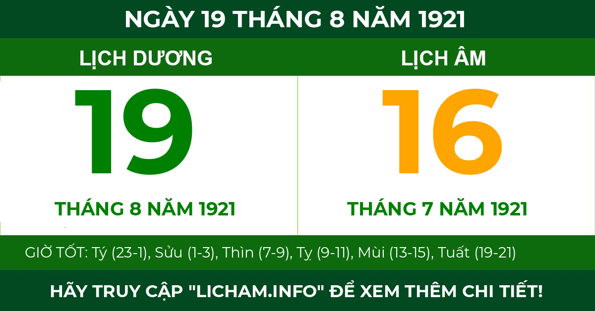 lịch âm ngày 19 tháng 8 năm 1921
