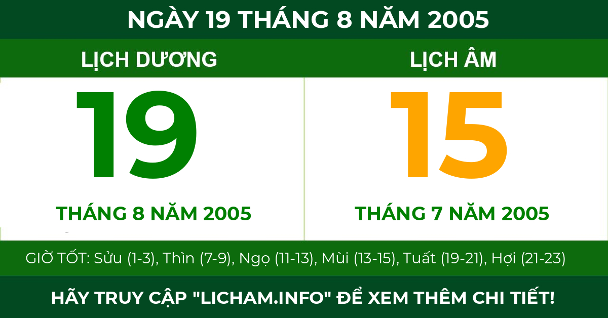 lịch âm ngày 19 tháng 8 năm 2005