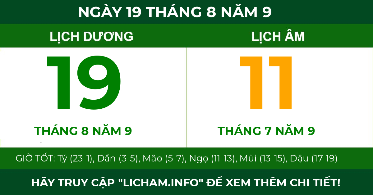 lịch âm ngày 19 tháng 8 năm 9