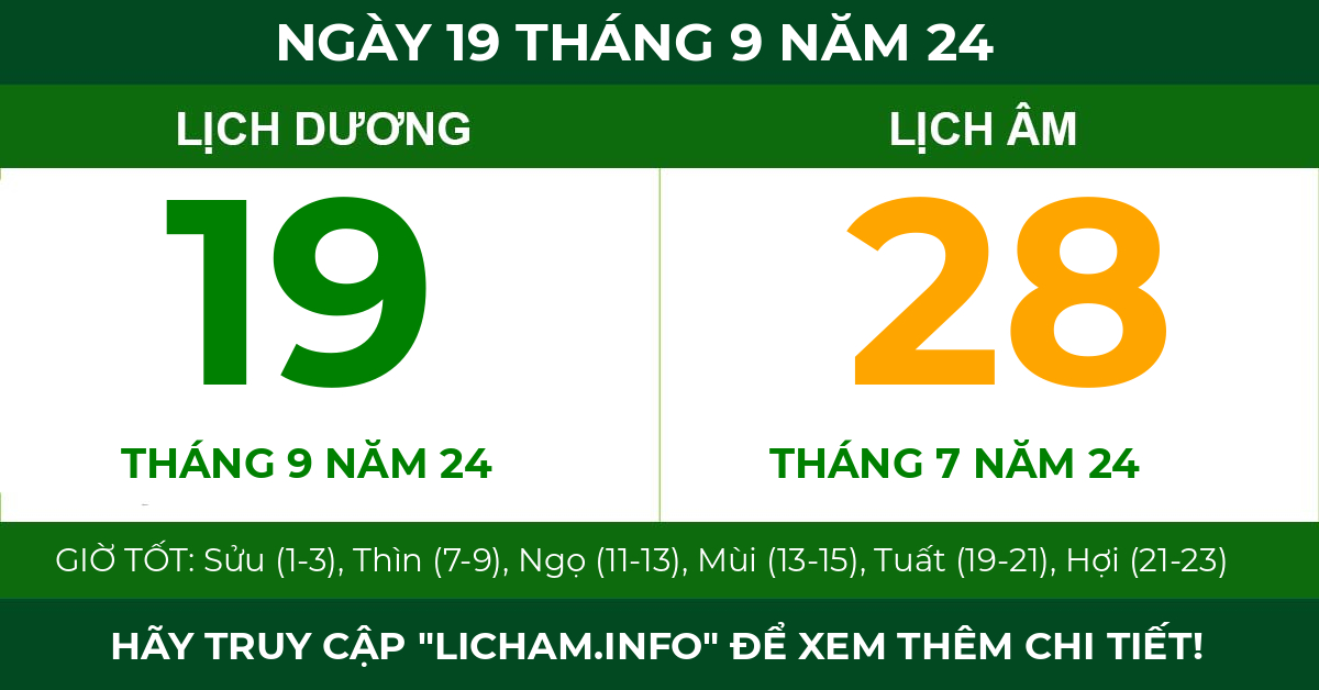 lịch âm ngày 19 tháng 9 năm 24