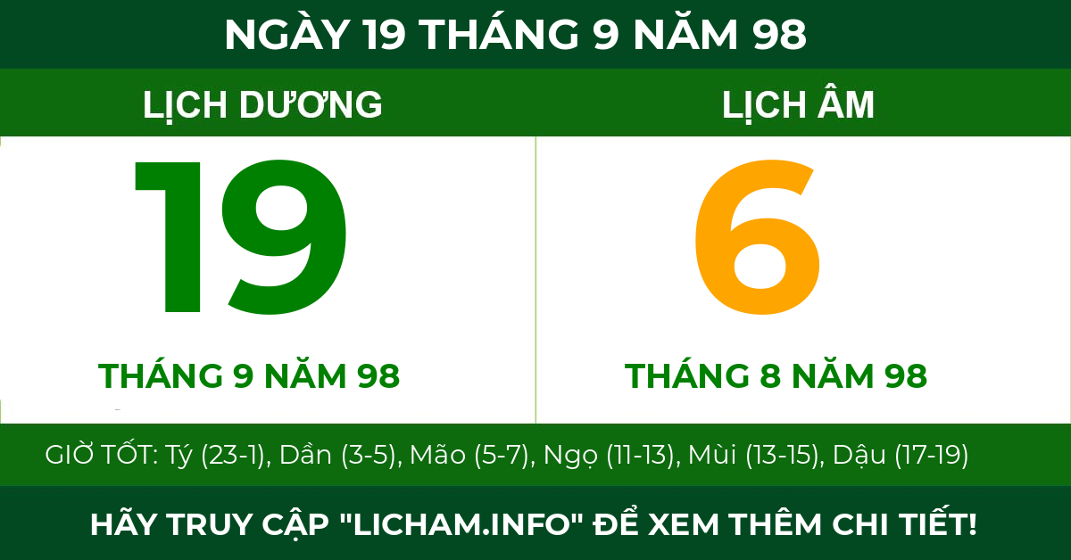 lịch âm ngày 19 tháng 9 năm 98
