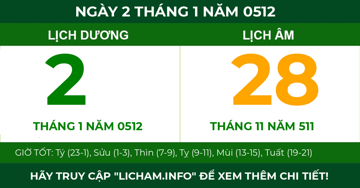 lịch âm ngày 2 tháng 1 năm 0512