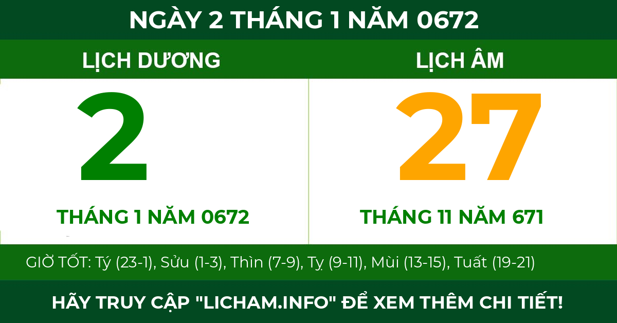 lịch âm ngày 2 tháng 1 năm 0672