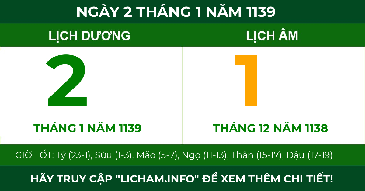 lịch âm ngày 2 tháng 1 năm 1139