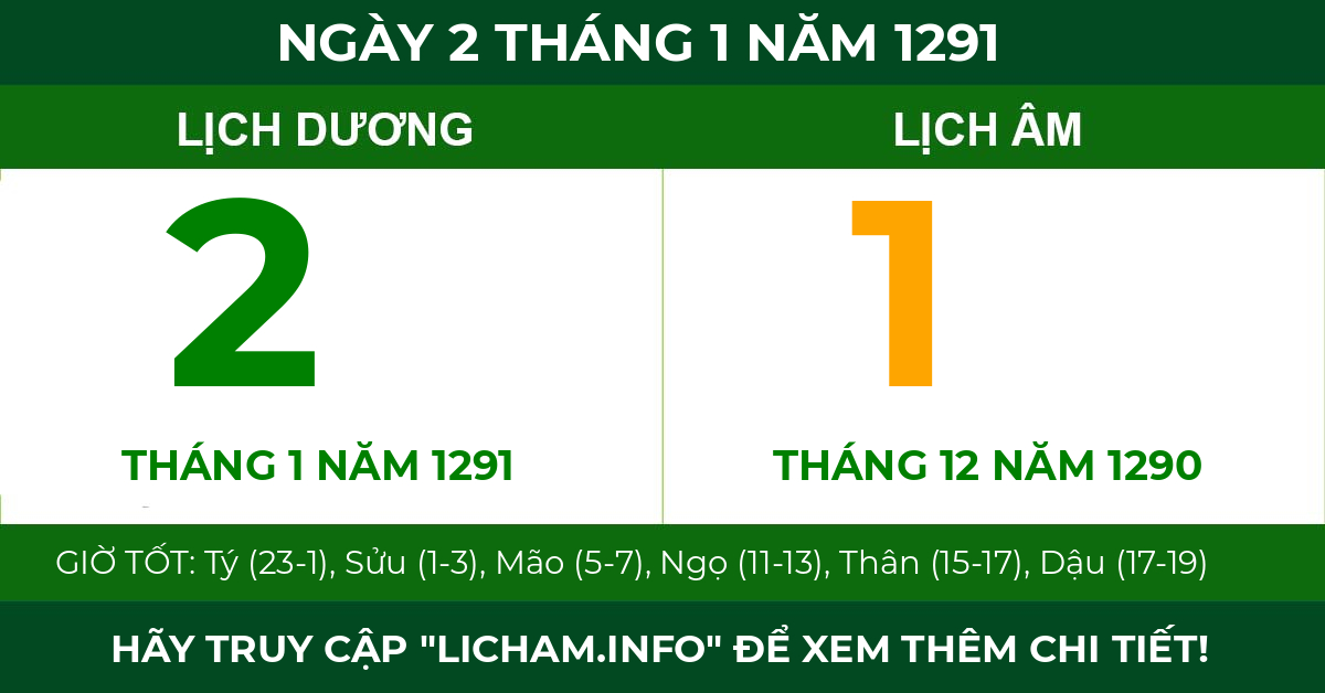 lịch âm ngày 2 tháng 1 năm 1291