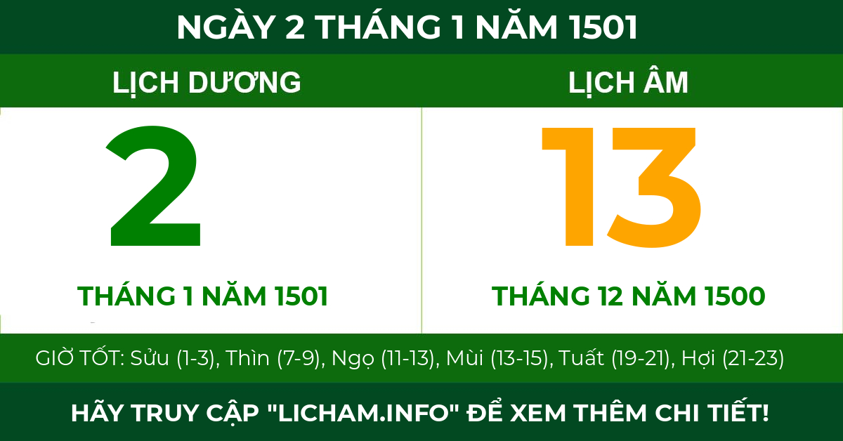 lịch âm ngày 2 tháng 1 năm 1501